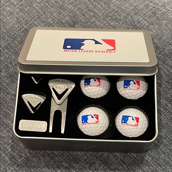 Callaway tin with 4 Major League Baseball logo balls, divot repair tool, markers - Picture 1 of 6